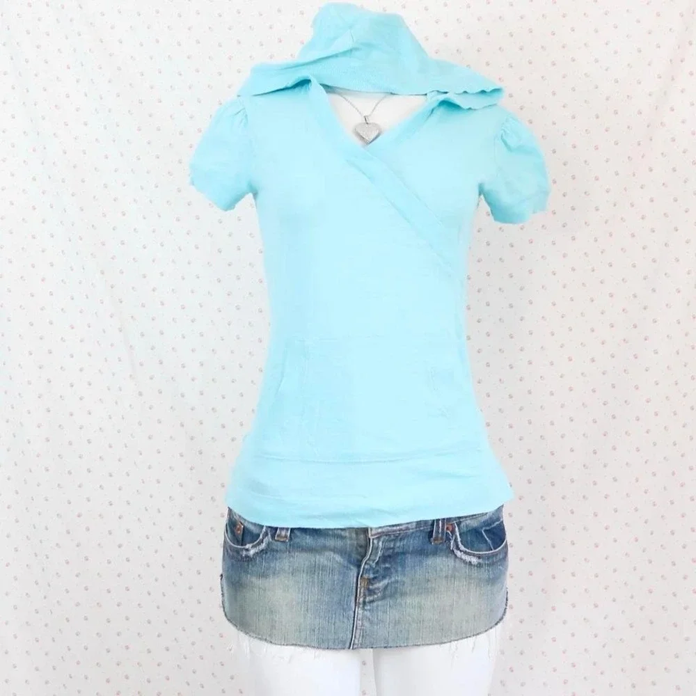 Old Navy Blue Wrap Hoodie Top Y2K Short Sleeve - Picture 1 of 5